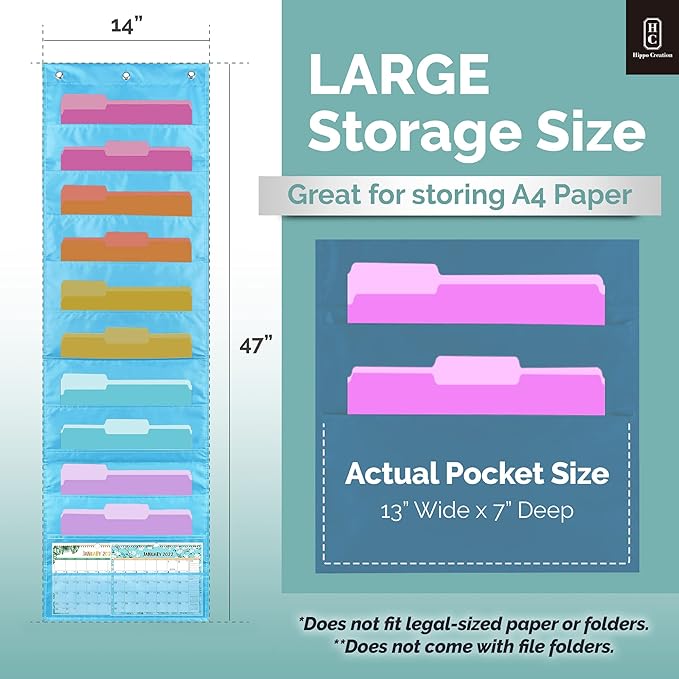 Hippo Creation Storage Pocket Chart for Classroom, 10 Pocket Storage Organizer with 3 Over-Door Hangers, Hanging Wall Organizer for File Folders, School Mailbox, Home Office Papers - Clear Blue