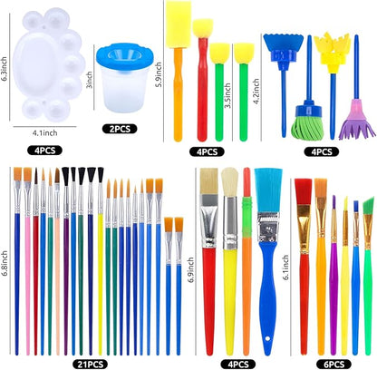 BigOtters Painting Brushes, 45PCS Kids All Purpose Paint Supplies Include Paint Cups with Lids Palette Tray Multi Sizes Paint Brush Set for Kids Gifts School Prizes Art Party