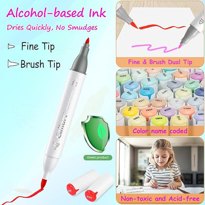Caliart 51 Colors Brush & Fine Alcohol Markers for Adult Coloring Book, Dual Tip Artist Sketch Art Markers, Aesthetic Cute Preppy Stuff School Supplies, Pens for Lettering Drawing Cards Planner