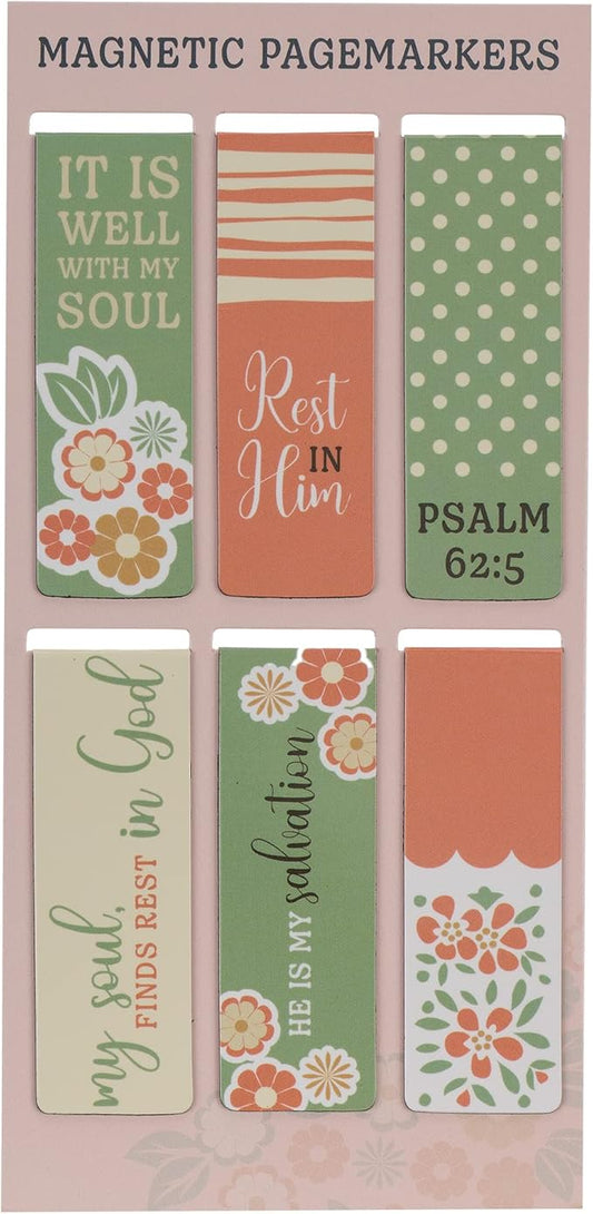 Christian Art Gifts Magnetic Scripture Bookmark/Pagemarker Set for Women: It is Well with My Soul - Set of 6, Inspirational Scripture for Bibles, Fridges & Books, Multicolor Teal & Pink Floral, Small