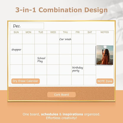 Calendar Whiteboard for Wall - 24'' x 18'' Magnetic Monthly Dry Erase Calendar with Cork Board - Gold Aluminum Frame