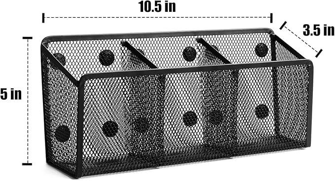 Magnetic Pencil Holder - Extra Strong Magnets Mesh Marker Holder Perfect for Whiteboard, Refrigerator and Locker Accessories (3 Baskets, 1 Pack Black)