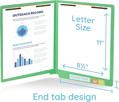 50 Green End Tab Fastener File Folders - Reinforced Straight Cut Tab - Durable 2 Prongs Designed to Organize Standard Medical Files, Receipts, Office Reports, and More - Letter Size, Green, 50 Pack