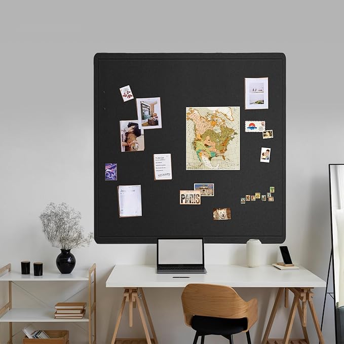 Large Bulletin Board - 48 x 48 Inches, Decorative Felt Pin Board for Wall - 4' x 4' Foldable Photo Display Board with Self-Adhesive Tape, Includes 20 Push Pins - Black