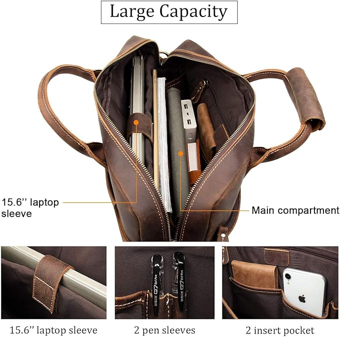 Augus Leather Laptop Briefcase for Men,Waterproof Travel Messenger Duffle Bags 15.6 Inch Laptop Bag