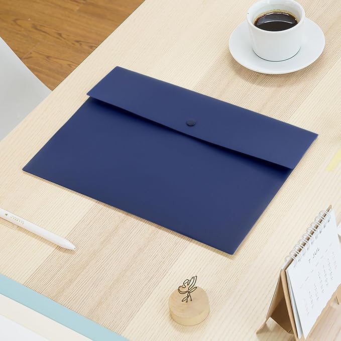 VANRA Poly File Folder Pockets File Jacket Plastic Envelope Flat Document Letter Organizer with Snap Button Closure A4 Letter Size (Pack of 5, Navy Blue)