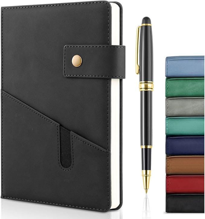 A5 Leather Journal Notebook with Pen, 200 Pages Hardcover Journal with Pocket, 100gsm Thick Lined Paper Daily Diary for Men and Women, Great Gift for Business School Travel Personal - Black