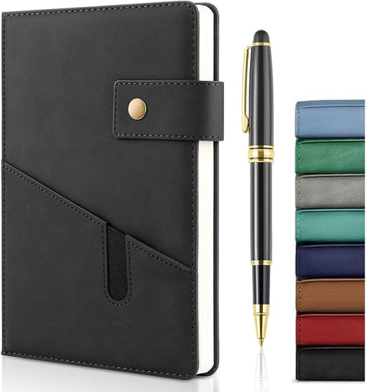 A5 Leather Journal Notebook with Pen, 200 Pages Hardcover Journal with Pocket, 100gsm Thick Lined Paper Daily Diary for Men and Women, Great Gift for Business School Travel Personal - Black