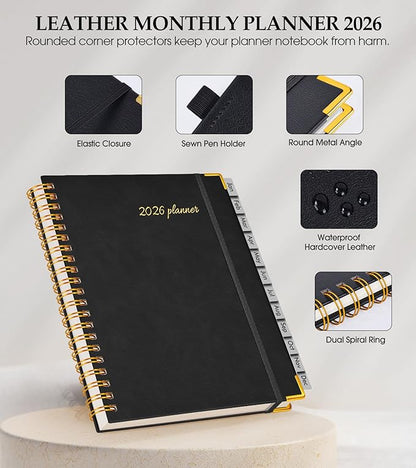 2026 Planner, Weekly and Monthly Calendar Planner from January 2026 - December 2026, 8.5" x 11" Hardcover Leather Hourly Appointment Book with Tabs, Spiral Daily Planners for College School Work Home, Black