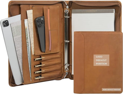 Free Name Engraved, Personalized Leather Portfolio Binder for Men, 3 Ring Binder Custom Padfolio Folder, Handmade Professional Business Organizer with Zipper, Gift for Men/Women, Customized, Brown