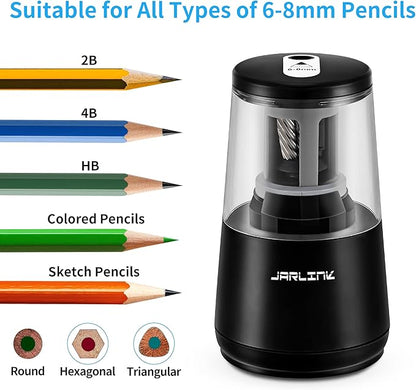 JARLINK Electric Pencil Sharpener, Heavy-duty Helical Blade to Fast Sharpen, Auto Stop for No.2/Colored Pencils(6-8mm), USB/Battery Operated in School Classroom/Office/Home (Black)