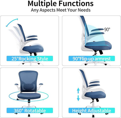 Flysky Ergonomic Office Desk Chair Breathable Mesh Swivel Computer Chair, Lumbar Back Support Task Chair, Office Chairs with Wheels and Flip-up Arms, Adjustable Height(White & Blue)
