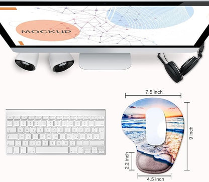 JIKIOU Mouse Pad, 2 Pack Ergonomic Mouse Pads with Comfortable Gel Wrist Rest Support and Lycra Cloth, Non-Slip PU Base for Easy Typing Pain Relief Durable and Easy to Clean Small Beach