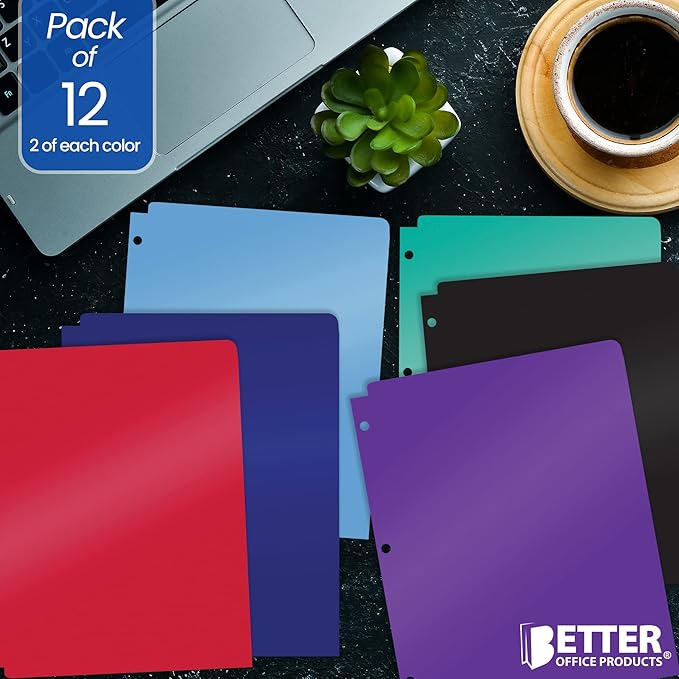 Better Office Products 3 Hole Punch Pocket Folders, Bulk Pack, Sturdy Plastic 2 Pocket Folders, Assorted Primary Colors, Letter Size, with Business Card Slot,(12 Pack)