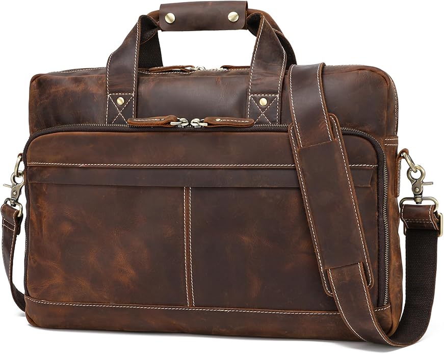 Full Grain 17.3" Leather Briefcase Messenger Laptop Bag For Men