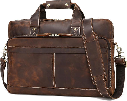Full Grain 17.3" Leather Briefcase Messenger Laptop Bag For Men