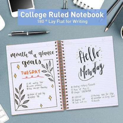 Spiral Notebook, College Ruled Notebook Journal, 8.5” x 11”, 300 Pages Leather Writing Journal for Women Men, A4 Hardcover Notebook for Work School, 24pcs Index Tabs, Pink