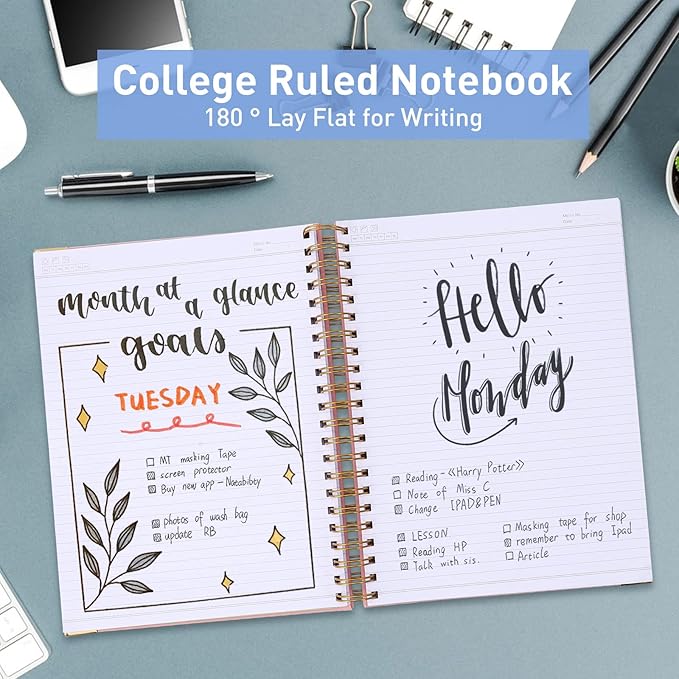 Spiral Notebook, College Ruled Notebook Journal, 7” x 10”, 300 Pages Leather Writing Journal for Women Men, B5 Hardcover Notebook for Work School, 24pcs Index Tabs, Green