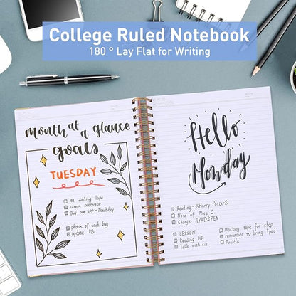 Spiral Notebook, College Ruled Notebook Journal, 7” x 10”, 300 Pages Leather Writing Journal for Women Men, B5 Hardcover Notebook for Work School, 24pcs Index Tabs, Green