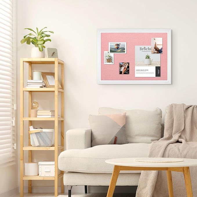 Large Pink Cork Board with Linen, 36" x 24" Hanging Wood Framed Bulletin Board, Picture Display Vision Board Corkboards for Wall Room School Office Decor, 10 Pushpins, 1 Pack