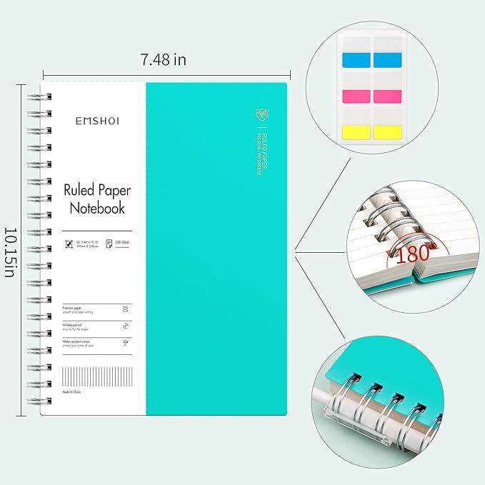 EMSHOI B5 Spiral Notebook College Ruled Lined Journal, Large 7.48" X 10.15", 300 Pages/150 Sheets, 100gsm Thick Paper, Waterproof Hardcover, for Office School Women Men Work Writing Notes-LightBlue