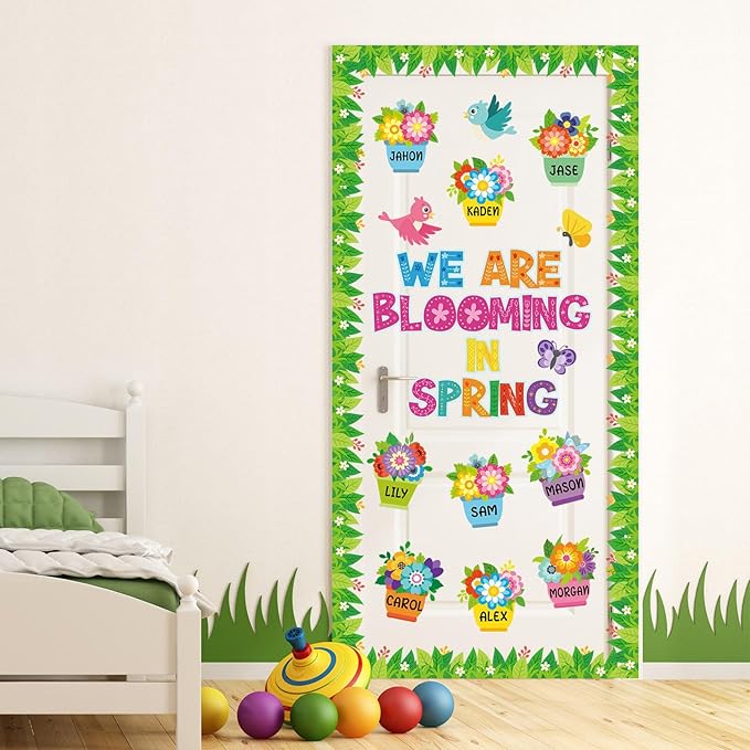 Kosiz Spring Flowerpot Bulletin Board Decorations Set We are Blooming in Spring Classroom Decorations Colorful Flower Paper Cutouts with Green Leaf Borders for School Wall Chalkboard Door Party