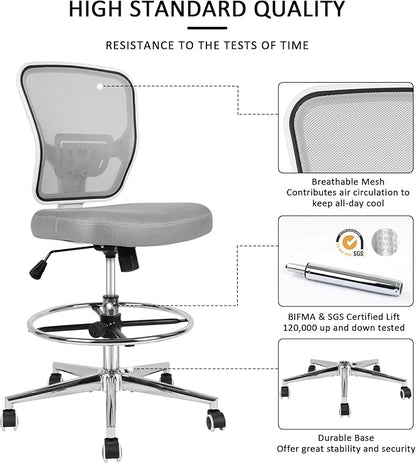 Drafting Chair, Tall Office Chair for Standing Desk, Drafting Stool with Lumbar Support, Adjustable Height and Foot Ring, Grey