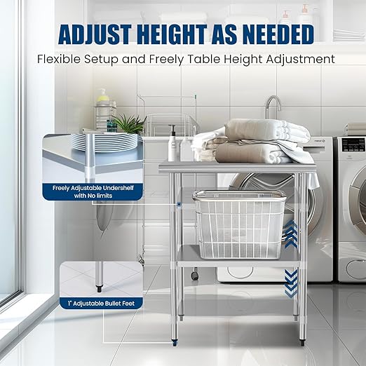 Stainless Steel Table 30 x 30 Inches Metal Prep Table with Backsplash & Adjustable Undershelf, Stainless Table for Commercial Kitchen, Outdoor, Restaurant, Hotel & Garage