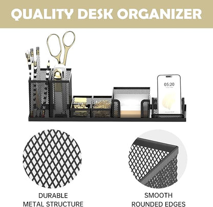 SUPEASY Pen Holder for Desk, 6 Piece Mesh Desk Organizer set, Desk Accessories for Office Organization with Mail Organizer, Letter Phone Holder, Sticky Notes Caddy Storage, Black