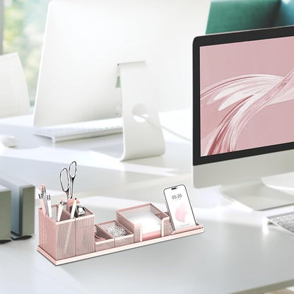 SUPEASY Pen Holder for Desk, 6 Piece Mesh Desk Organizer set, Desk Accessories for Office Organization with Mail Organizer, Letter Phone Holder, Sticky Notes Caddy Storage, Pink