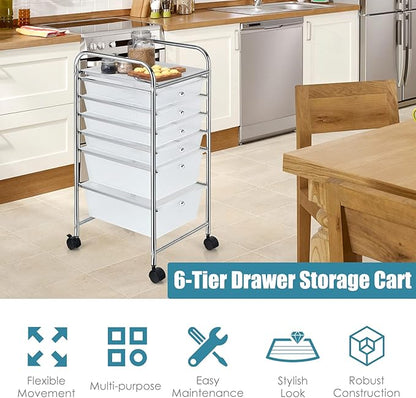 Julimoon 6 Drawers Rolling Storage Cart, 6-Tier Mobile Storage Drawers & Craft Organizers, Multipurpose Plastic Utility Cart with Wheels for Home, Office, Classroom & Garage (Clear)