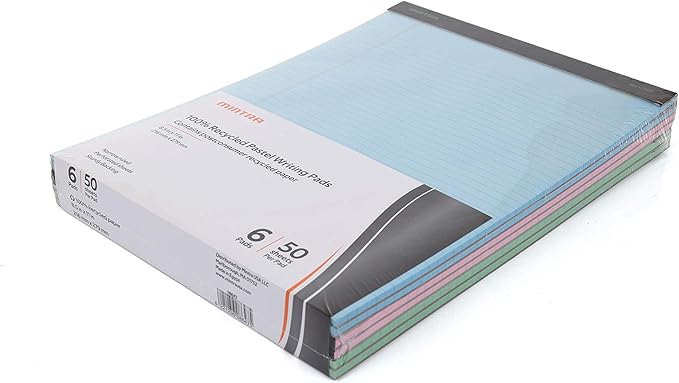 Mintra Office Recycled Writing Pads 6pk (Pastel, Narrow Ruled (8.5in x 11in)) - 50 Sheets per Notepad, Micro perforated, Legal Pad, Notebook Paper for School, College, Office, Business