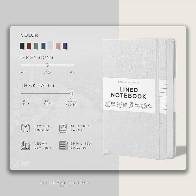 BEECHMORE BOOKS Lined Journal Notebook, 5.8 x 8.3 inch, A5 160 Lined Pages, Hardcover Leather Journals for Women, Men, Writing and Notebooks for Work - 120 GSM Thick Paper, Gifts Box Included