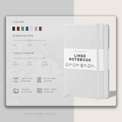 BEECHMORE BOOKS Lined Journal Notebook, 5.8 x 8.3 inch, A5 160 Lined Pages, Hardcover Leather Journals for Women, Men, Writing and Notebooks for Work - 120 GSM Thick Paper, Gifts Box Included