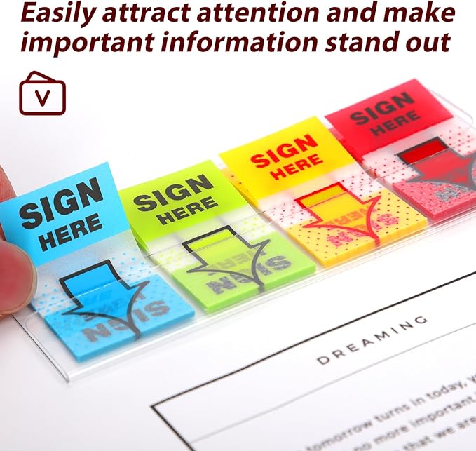 500pcs Sign Here Stickers, Arrow Labels Stickers Adhesive Sign Here Tabs Sign Post Here Flags for Documents Notebooks Home Office School Supplies (4 Colors)