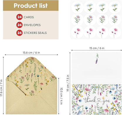Artoid Mode 24 Pack Daisy Lavender Spring Thank You Cards Floral Leaves Greeting Cards Gift With Envelope Sticker Blank Note Cards for Birthday Wedding Baby Shower Bridal Shower, 4 x 6 Inch