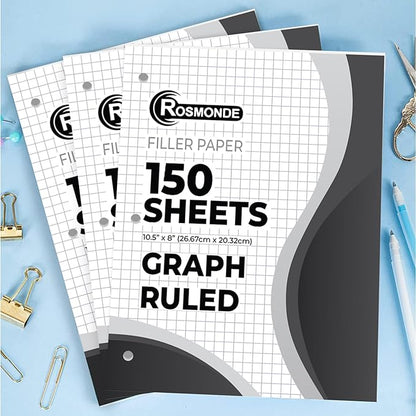 Graph Paper 3 Pack, 450 Sheets, 4x4 Grid Paper, 8" x 10.5", 3 Hole Punched, Notebook Paper, 54 GSM Thick Graphing Paper, Quad Ruled Graph Paper, Loose Leaf Paper, Back to School Supplies