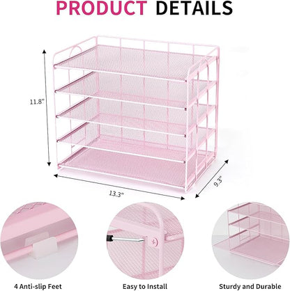 5 Tier Mesh Paper Letter Tray Organizer, Desktop Mail Sorter Office Supplies Organizer for Desk, Desk Organizers and Accessories (Pink)