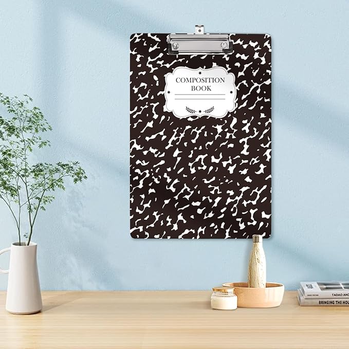 WAVEYU Fashion Cute Clipboard, Decorative Office School Hardboard Wood Nursing Clip Board for Standard A4 Letter Size for Students, Women, Men and Kids, 12.5"x 9", Black+White02