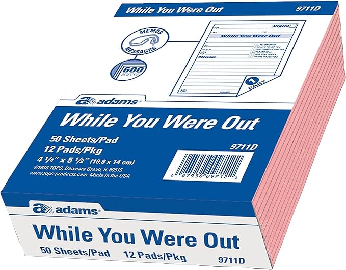Adams While You Were Out Pads, 4.25 x 5.5 Inches, Pink, 50 Sheets per Pad, 12 Pads per Pack (9711D)