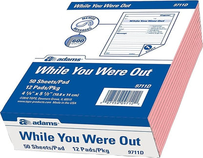 Adams While You Were Out Pads, 4.25 x 5.5 Inches, Pink, 50 Sheets per Pad, 12 Pads per Pack (9711D)