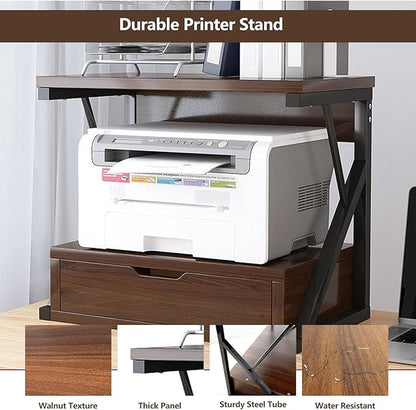 Printer Stand for Desk,2 Tier Desktop Printer Stand,Home Printer Stand with Storage Drawer,Small Printer Table,Desk Organizer Shelf for Top of Desk,Printer Rack for Fax Machine,Scanner-Walnut
