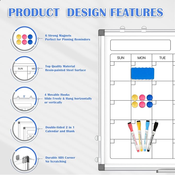 Monthly Calendar Dry Erase Whiteboard for Wall, 24" x 18" Magnetic Calendar White Board, Double-Sided Portable Board for Office, Kitchen, School, Home