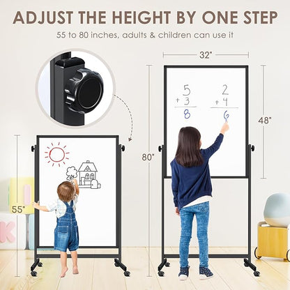 Double Sided Cork Board White Board, 32 x 48 inches Large Cork Board for Office, Height Adjustable Magnetic Dry Erase Board on Wheels, Portable Freestanding Natural Corkboard for Displaying, Planning