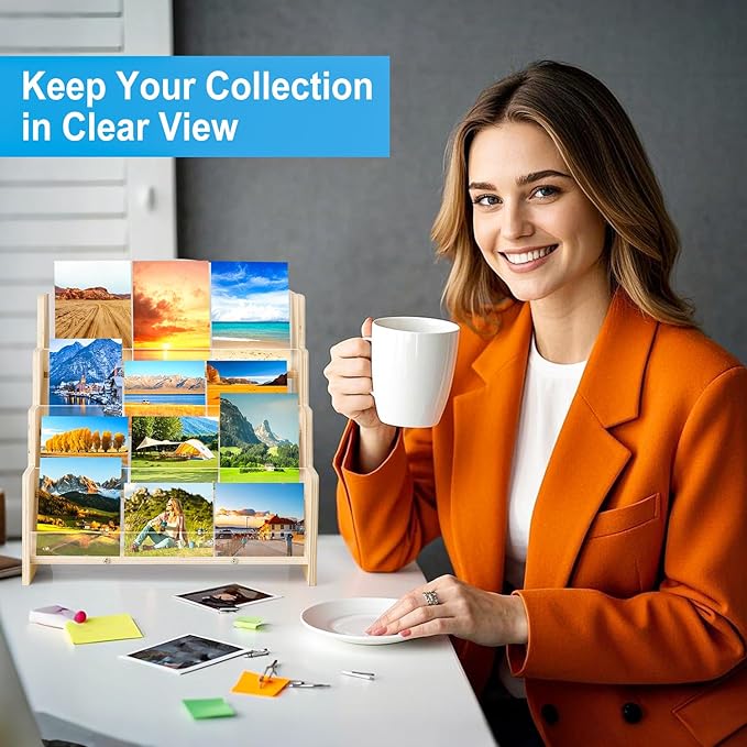 Greeting Card Display Stand , Acrylic Sticker Display Holder for Vendors, Counter Retail Display Rack , 4-Tiered Wooden/Acrylic Display stand for postcard /Brochure/Photos/Picture