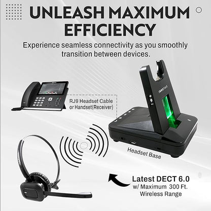 INNOTALK - Desk Phone Wireless Headset with RJ9 Adapter, 10-Hour Talk Time Handsfree Phone Headset, Office Phone Headset for Desk Phone, 300 Ft. Long Range Wireless Headset, W780