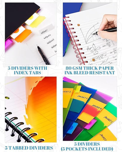 5 Subject Notebook - Spiral Notebook, College Ruled Notebook with Dividers Pocket, Tabs, 11" Ruler, 300 Pages, for Writing Journal, Home & Office, School Supplies (8.5 * 11Pale Pink)