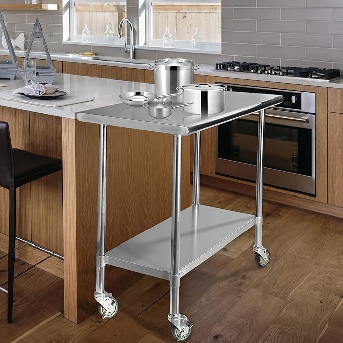 STABLEINK Stainless Steel Table with Caster Wheels 24 x 60 Inches, NSF Commercial Prep & Work Table with Adjustable Undershelf and Table Foot, for Commercial Kitchen, Restaurant, Hotel and Garage