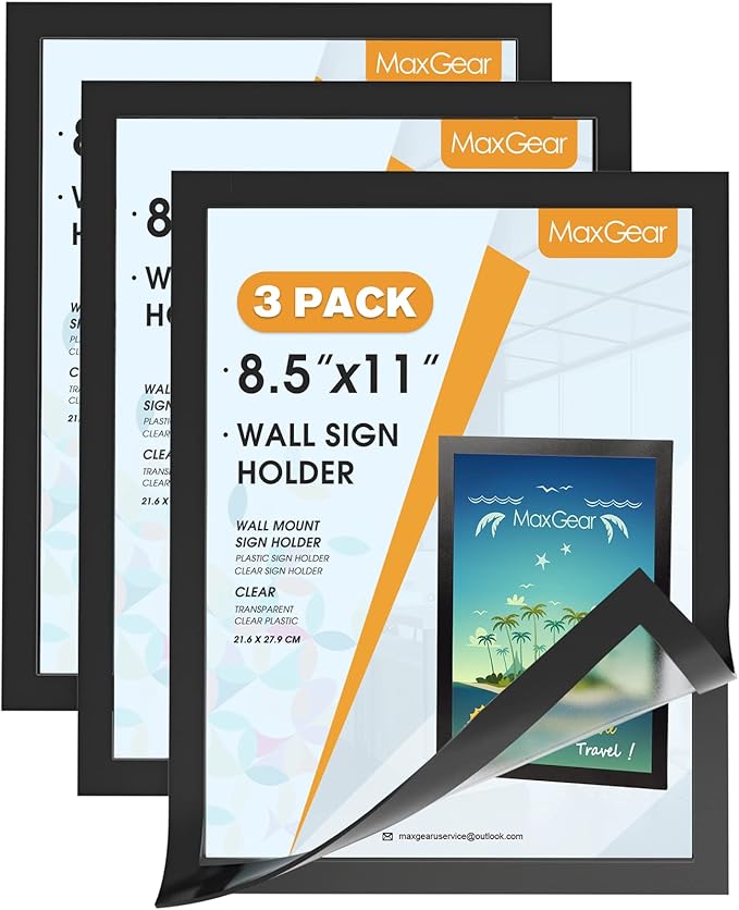 MaxGear Magnetic Sign Holder 8.5 x 11 Wall Mount, Self Adhesive Display Picture Frames with Strong Magnetic Border and Clear PVC, Document Poster Paper Holder for Home Office Store, 3 Pack