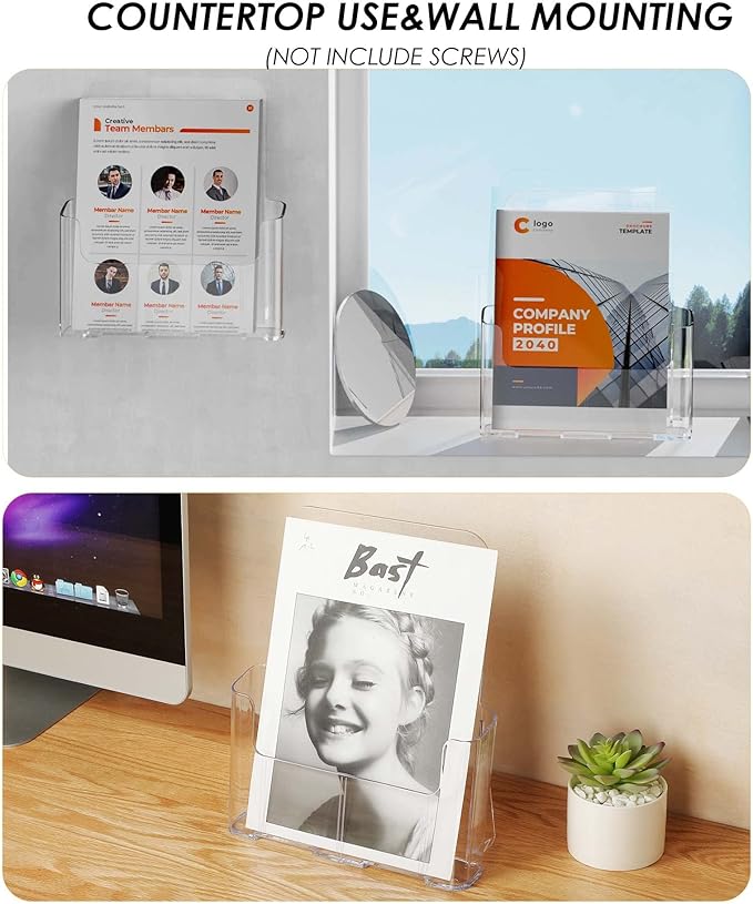 KTRIO Acrylic Brochure Holder 8.5 x 11 inch, Plastic Acrylic Literature Holders Clear Flyer Holder Rack Card Holder, Magazine, Pamphlet, Booklet Display Stand Trifold Holder Desk or Wall Mount 2 Pack